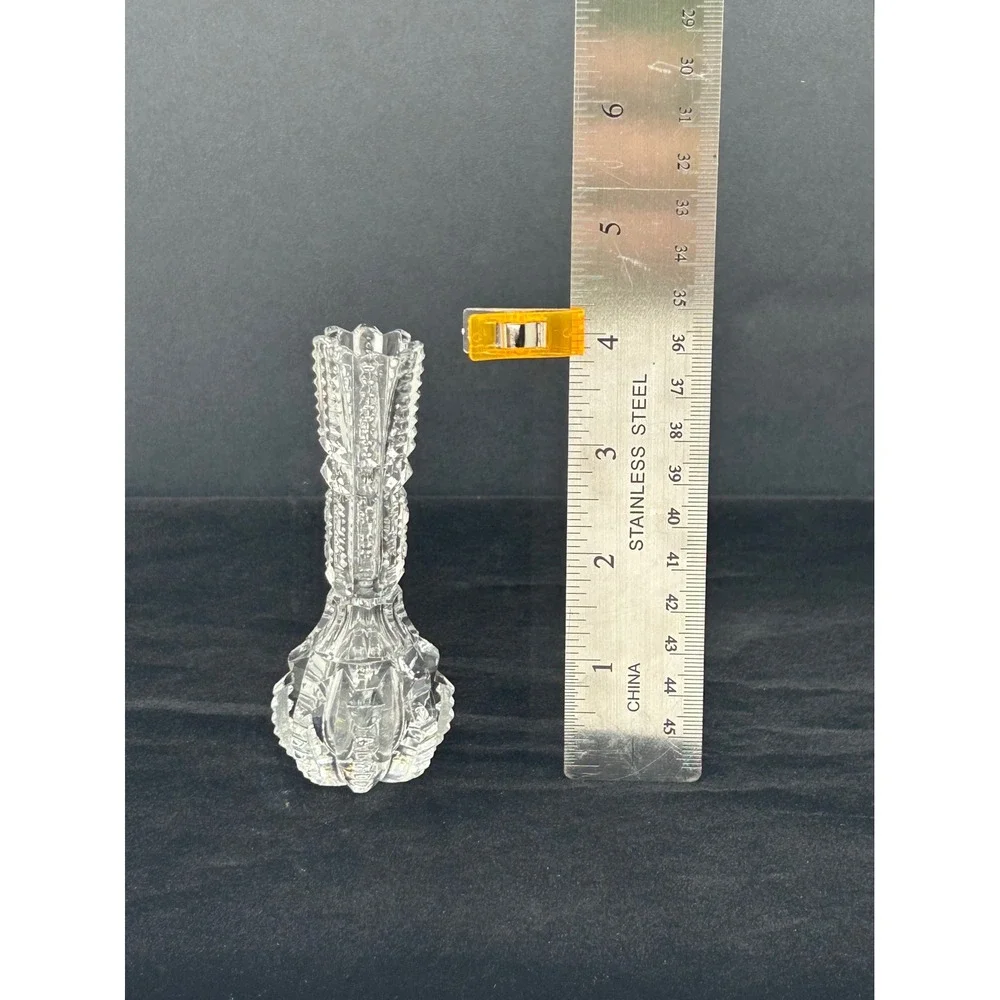 Vintage Clear Pressed Glass Bud Vase Sawtooth Rim Geometric Pattern 4.25 Inch